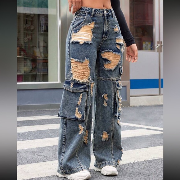 Distressed jeans Blue Cargo Jeans pants denim pockets ripped mineral wash - Picture 4 of 5